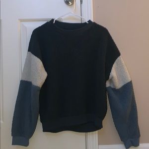 fluffy navy blue white and blue sweatshirt